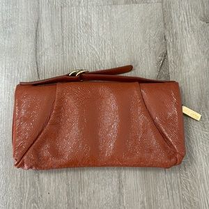 Hobo International Patent Leather Zip Around Wallet Wristlet Brown and Gold